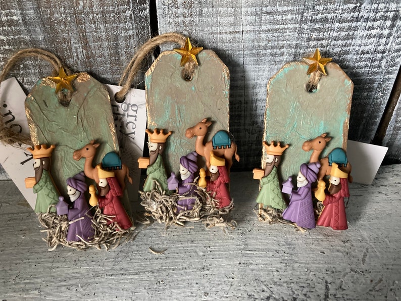 Sale Item Hand Crafted Rustic Three Kings Ornament; Nativity; Epiphany Ornament; Grey Thistle; Wise Men Scene; Wise Men Ornament