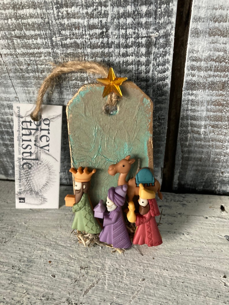Sale Item Hand Crafted Rustic Three Kings Ornament; Nativity; Epiphany Ornament; Grey Thistle; Wise Men Scene; Wise Men Ornament