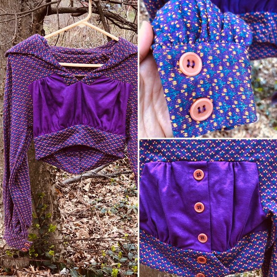1970s PETITE Purple Floral Long Sleeve Crop Top