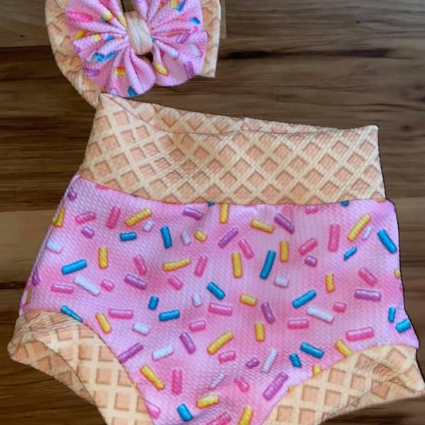 Sprinkles and waffle cone Bummie and bow set, ice cream, waffle cone,