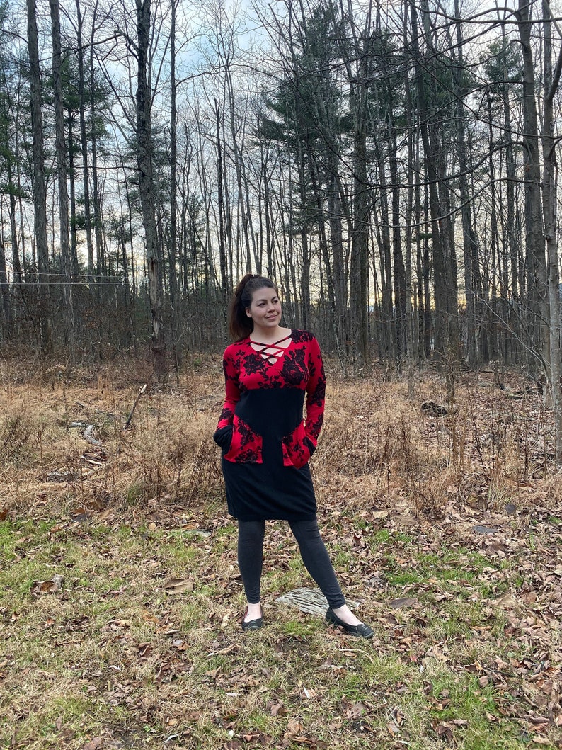 floral black red Upcycled sweater dress