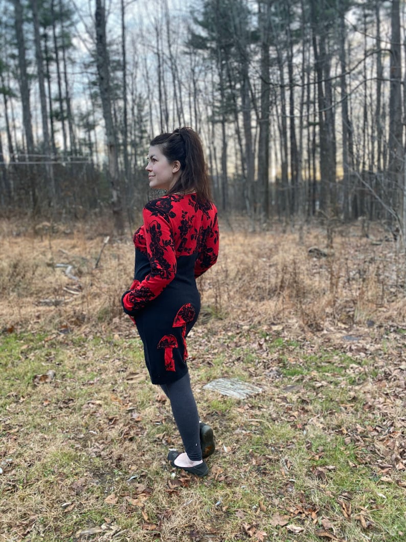 floral black red Upcycled sweater dress