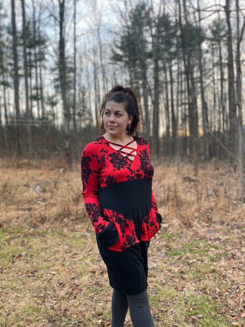 floral black red Upcycled sweater dress