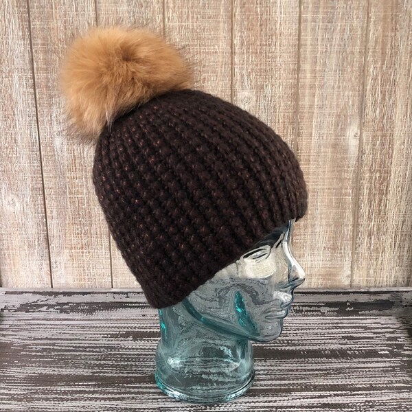 Crochet "Rock n Roll" beanie hat, Merino Wool blend hat,  Faux Fur pom pom Hat, Chunky Hat, Winter Hat, Ski Cap, Black Hat, Burgundy Hat