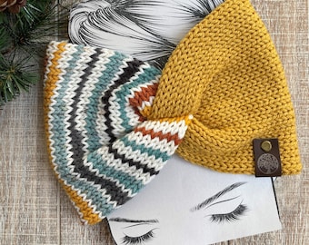 Handmade Knit Yellow Stripe Wide Ear Warmer, Twist Headband