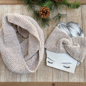 Handmade Luxury Velvet Gray Headband Cowl Scarf Set, Crochet Scarf Ear warmer Set