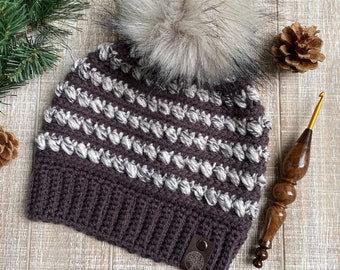 Crochet Faux Fur Pom Pom Gray Beanie Hat, Handmade Hat