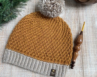 Crochet Pompom Gold Tan Beanie, Handmade Hat