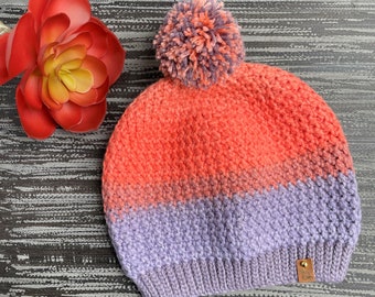 Crochet beanie hat, Winter Hat, Purple Hat, Orange Hat, Slouchy Beanie, Winter beanie