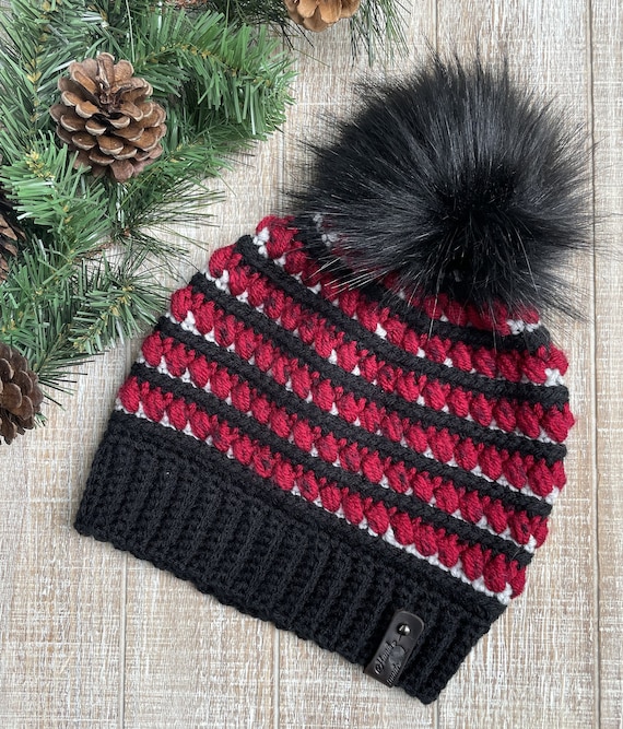 Hand Knit Hat with Faux Fur Pom Toque With order Pompom Removable Pompom Winter Hat Beanie Women Winter Hat Blood Red Crochet With Fur