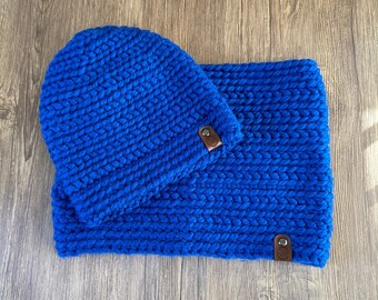 Handmade Crochet Blue Wool Chunky Cowl Beanie Hat Set