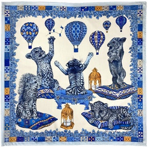 Cats Empire Blue Silk Scarf - Hand-Illustrated Leopard and Cat Design, 36&quot; Square