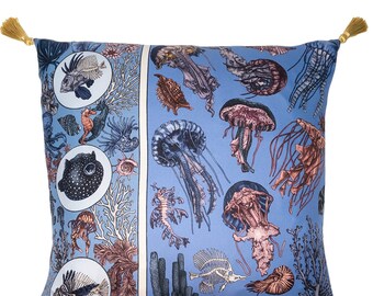 Handmade Silk Throw Pillow: Sea Life Marine Cushion, Blue Decorative Pillow