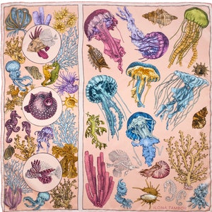 Silk Scarf, Mulberry silk scarf, Printed Scarf, Women's Scarf, Italian Silk scarf, The Sea Life, Pink Scarf, Headscarf, Jellyfish image 2