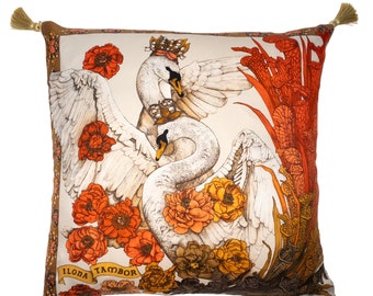 Silk Cushion, Swans, Red Cushion, Throw Pillow, Pillow Case, Swan Print, Throw Pillow, Decorative Cushion, Handmade in Italy