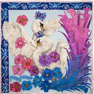 Handmade Mulberry Silk Scarf: Pink Swan Print, Illustrated by hand