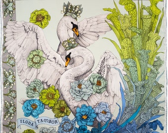 Silk Scarf Swans Green, Handmade in Italy, Illustrated by hand, Hand rolled edges