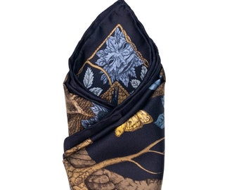 Navy Silk Pocket Square: Leshy Slavic Mythology Handkerchief