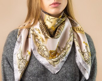 Silk Scarf, Babushka scarf, Griffin & Basilisk, Infinity Scarf, Gift For Her, Mulberry Silk Scarf, Beige scarf, Anniversary gift