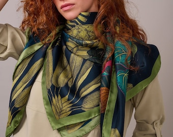 Silk Scarves, women scarves, green scarf, Wild Animal Prints, Diversity scarf, Christmas Gifts, Hand Painted scarf, Wing Scarf, Gift for her