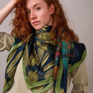 Green Silk Scarf with Hand-Painted Hybrid Animal Design – 100% Mulberry Silk, Perfect Gift for her