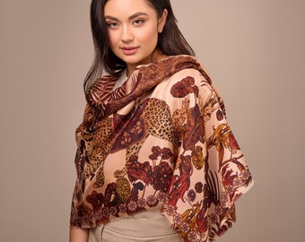 Cashmere Shawl, Leopard Scarf, Brown Shawl, The Jungle Dream, Peacock, Designer Scarf, Silk Scarf, Hand Illustrated