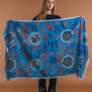 Silk Blend Blue Stole, Blue Silk Cotton Scarf, Women Shawl, Blue Large Scarf, The Sea Life, Hand Painted Shawl, Gift For Her image 1