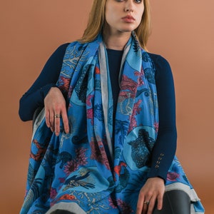 Silk Blend Blue Stole, Blue Silk Cotton Scarf, Women Shawl, Blue Large Scarf, The Sea Life, Hand Painted Shawl, Gift For Her image 2