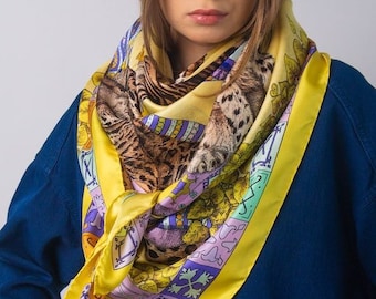 Designer Silk Scarf for women / Yellow Scarf / Leopard Print scarf / Silk headscarf / Square Scarf / Gift For Her