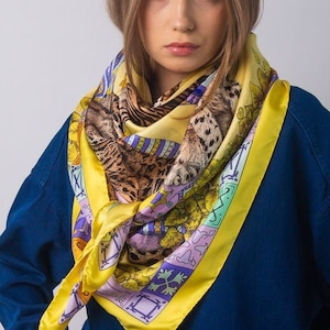 Designer Silk Scarf for women / Yellow Scarf / Leopard Print scarf / Silk headscarf / Square Scarf / Gift For Her
