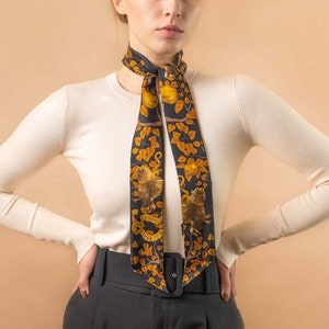 Gold scarf, Hand Painted Silk Scarf, Handbag scarf, Ponytails Belt, Silk head scarf, Neckerchief, scarf for bags, Gift for Women