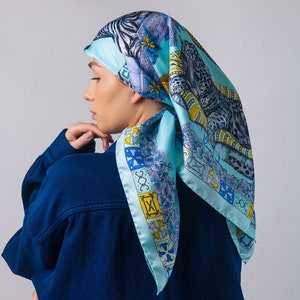 The Cats Empire Blue Silk Scarf – Hand-Illustrated Leopard Print, 100% Mulberry Silk, 3 Sizes Available