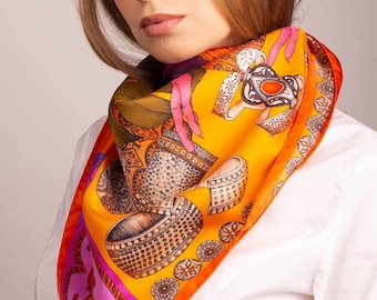 Silk Scarf for women, Orange Silk Scarf, Neck scarf, The Grand Treasure of African Crowned Crane, Silk headscarf, Gift For Her, Wing Scarf