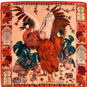 Mulberry Silk Scarf, The Grand Treasure Of African Crowned Crane, Printed Scarf, Red Scarf, Neck scarf, Silk headscarf, Wing Scarf