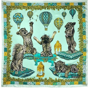 Silk Scarf, Green Scarf, Outlet Sale, The Cats Empire, Mulberry silk scarf, Tiger Scarf, Silk headscarf, Square Scarf, Birthday gift