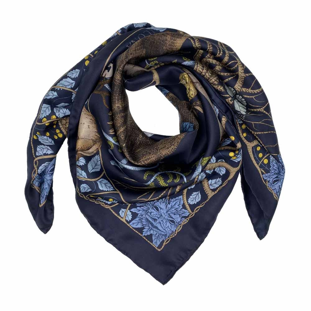 Handmade Mulberry Silk Scarf: Leshy Bear, Navy Blue, Hand-rolled