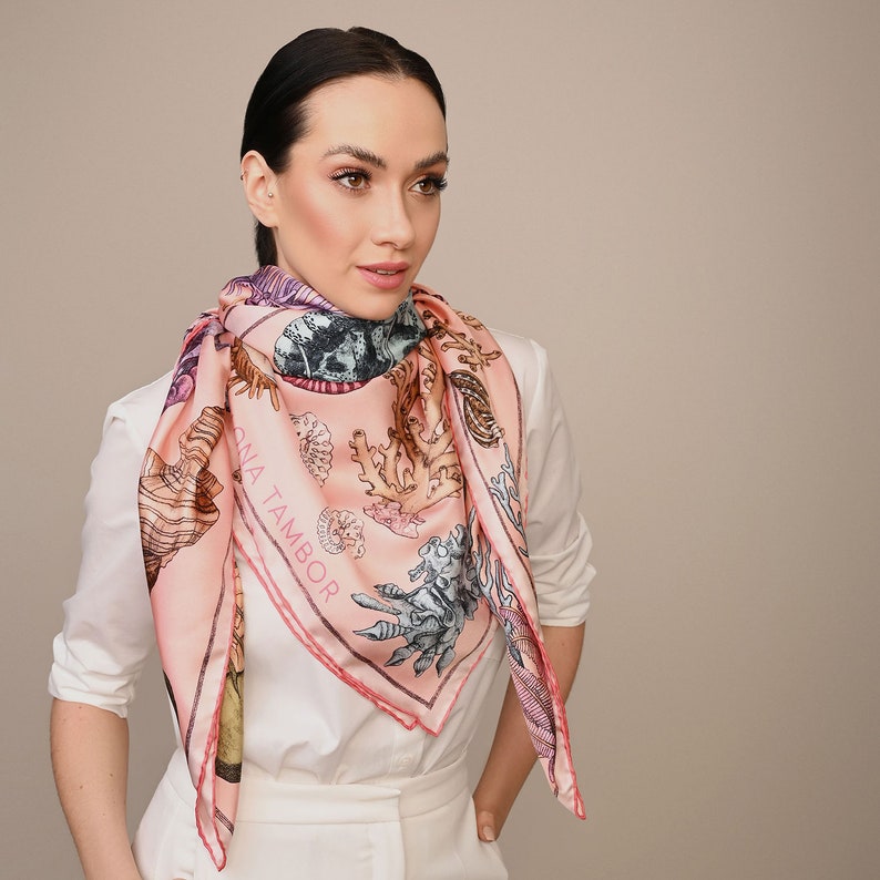 Silk Scarf, Mulberry silk scarf, Printed Scarf, Women's Scarf, Italian Silk scarf, The Sea Life, Pink Scarf, Headscarf, Jellyfish 130cm x 130cm