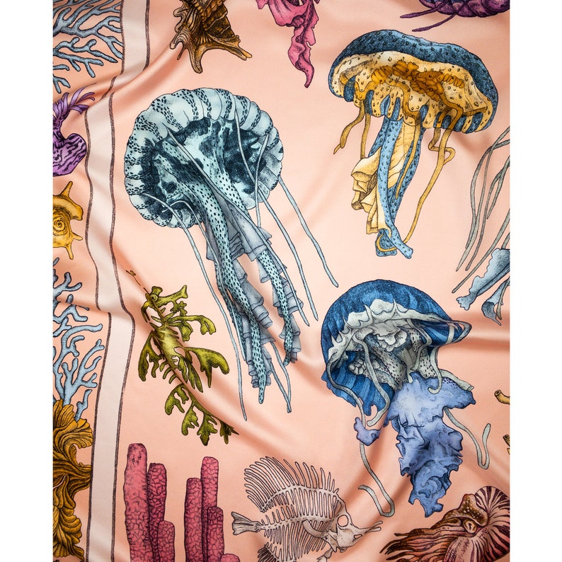 Silk Scarf, Mulberry silk scarf, Printed Scarf, Women's Scarf, Italian Silk scarf, The Sea Life, Pink Scarf, Headscarf, Jellyfish 50cmx50cm