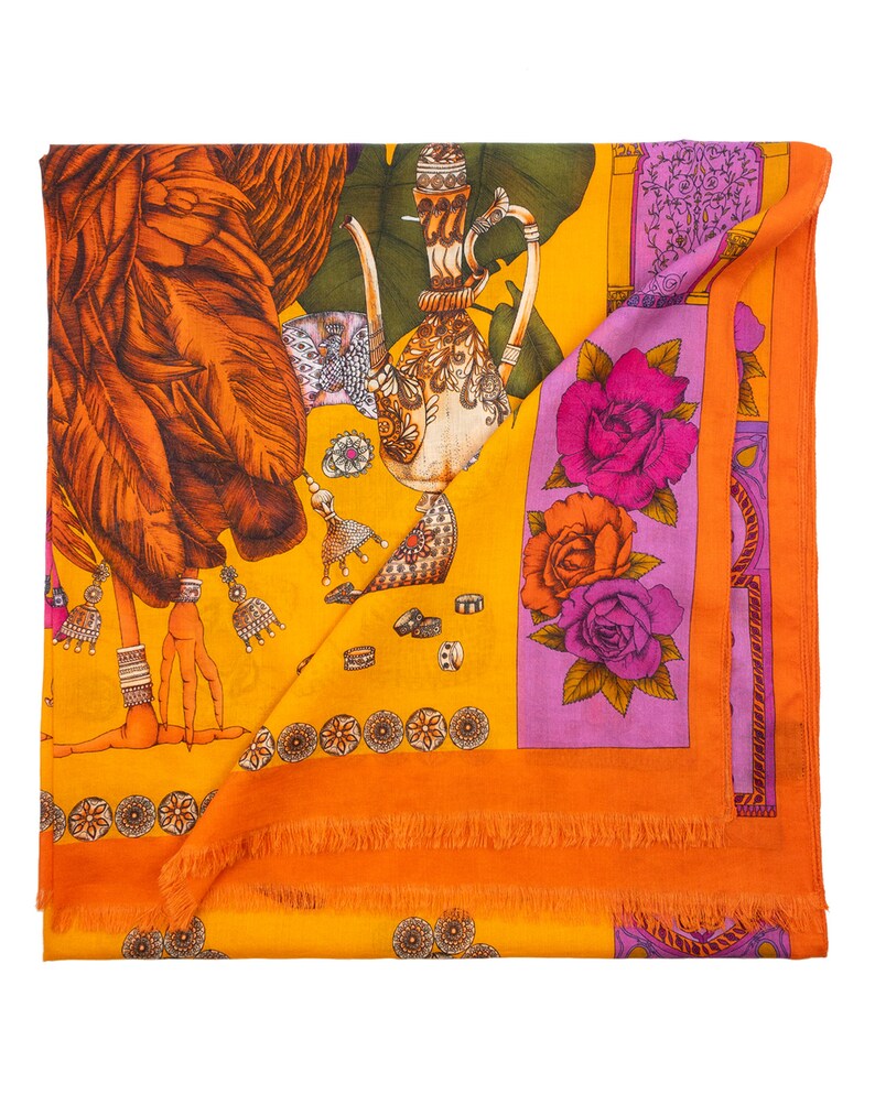 Silk Cotton Scarf, Long Silk Stole, Orange Scarf, Bird Wing Shawl, Wrap Shawl, Fuchsia Scarf, Gift For Girlfriend, Bohemian Scarf image 4