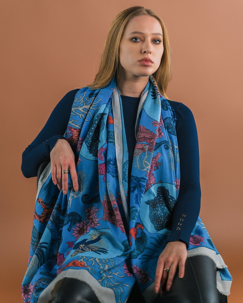 Silk Blend Blue Stole, Blue Silk Cotton Scarf, Women Shawl, Blue Large Scarf, The Sea Life, Hand Painted Shawl, Gift For Her image 2