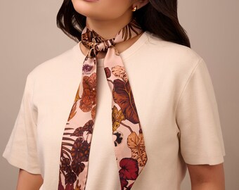 Mulberry silk scarf, The Jungle Dream Brown, Silk Skinny Scarf, Silk Neckerchief, Hair Accessories, Wrist Scarf