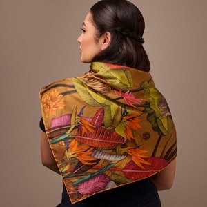 Mulberry silk scarf, Gold Scarf, Floral Scarf, The True Summer, Designer Scarf, Hand illustrated, Square Scarf, 36 inch silk scarf 135cm x 135cm