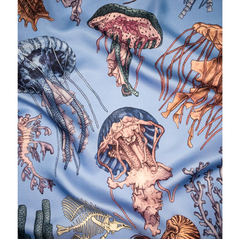 Babushka scarf, Mulberry silk scarf, Perfect gift for her, Women's Scarf, Italian Silk scarf, The Sea Life, Blue Scarf, Handmade, Jellyfish image 6