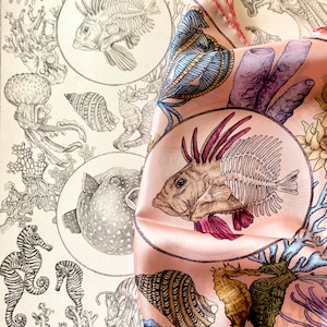 Silk Scarf, Mulberry silk scarf, Printed Scarf, Women's Scarf, Italian Silk scarf, The Sea Life, Pink Scarf, Headscarf, Jellyfish image 5