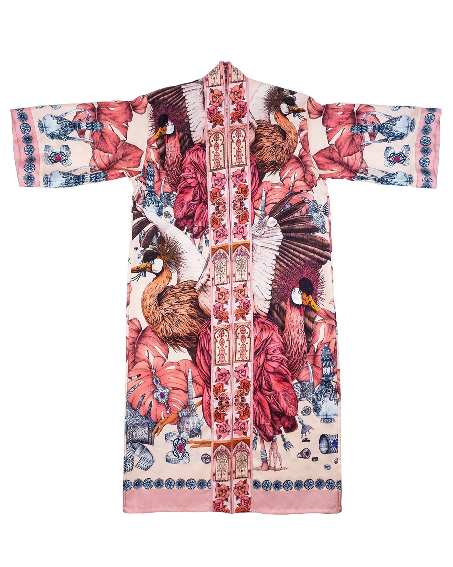 Handmade Silk Kimono Robe African Crowned Crane Print Mulberry Twill