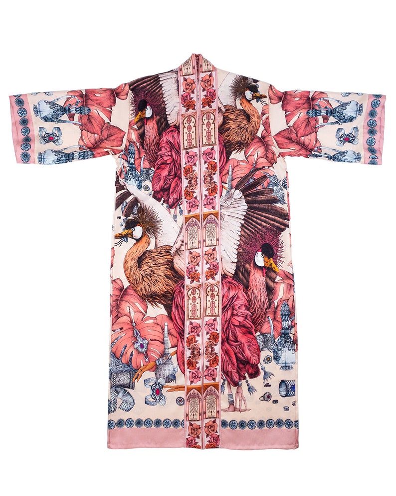 Silk Kimono, Silk Dress, Women Robe, Pure Silk Twill, Handmade Silk Kimono, African Crowned Crane Print, Illustrated by hand, Gift for her image 5