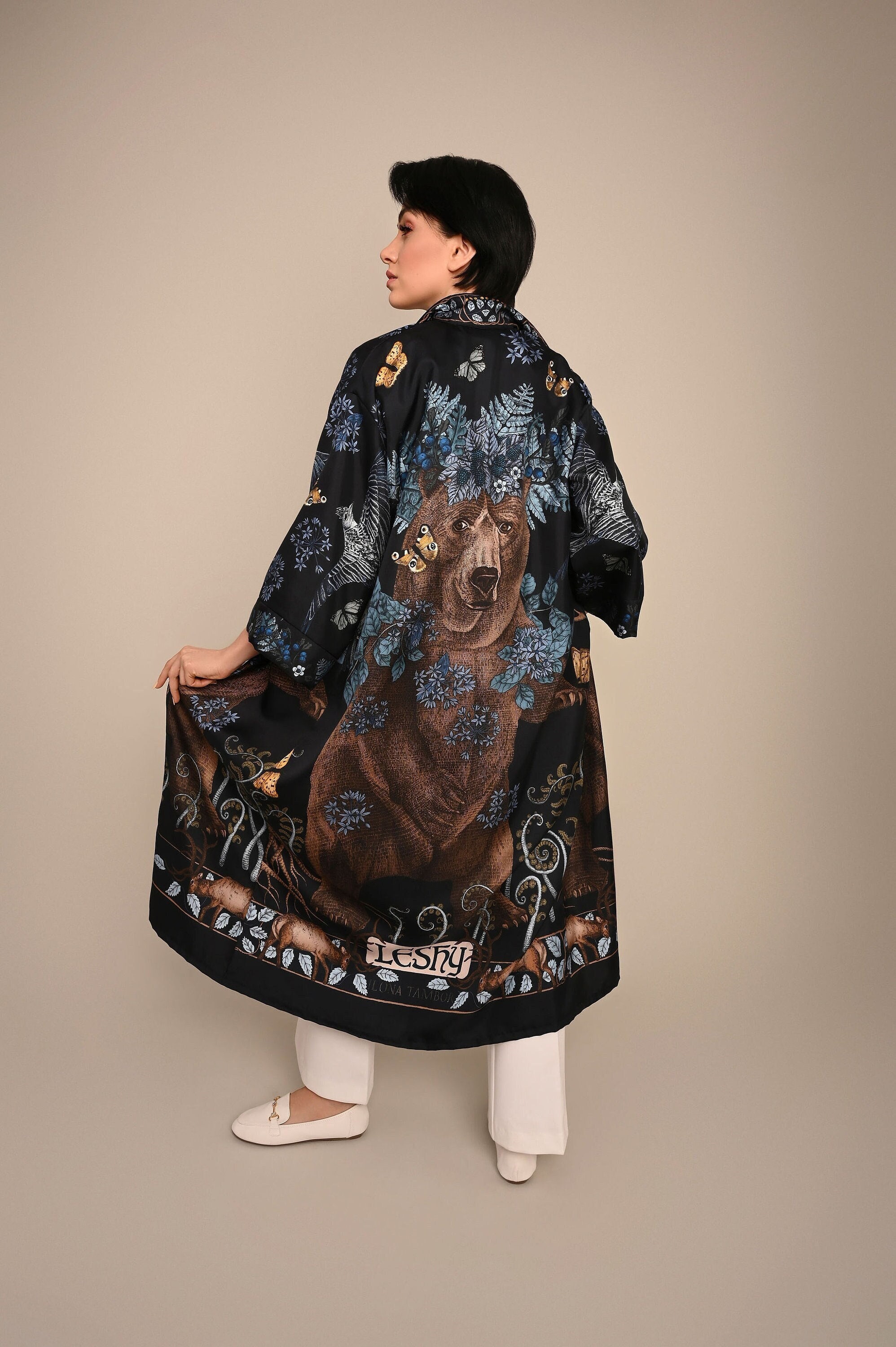 Handmade Silk Twill Kimono Robe Leshy Navy Blue Bear Print, Slavic Mythology Print