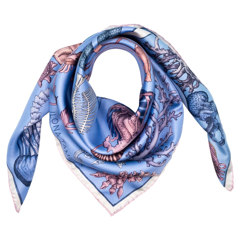 Babushka scarf, Mulberry silk scarf, Perfect gift for her, Women's Scarf, Italian Silk scarf, The Sea Life, Blue Scarf, Handmade, Jellyfish image 5