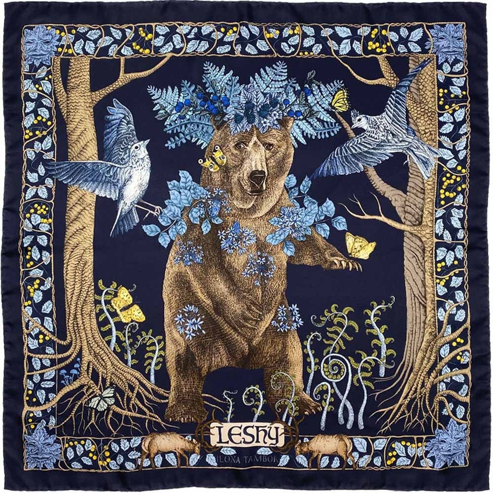 Mulberry Silk Scarf: Leshy Bear, Navy Blue, Handmade in Italy