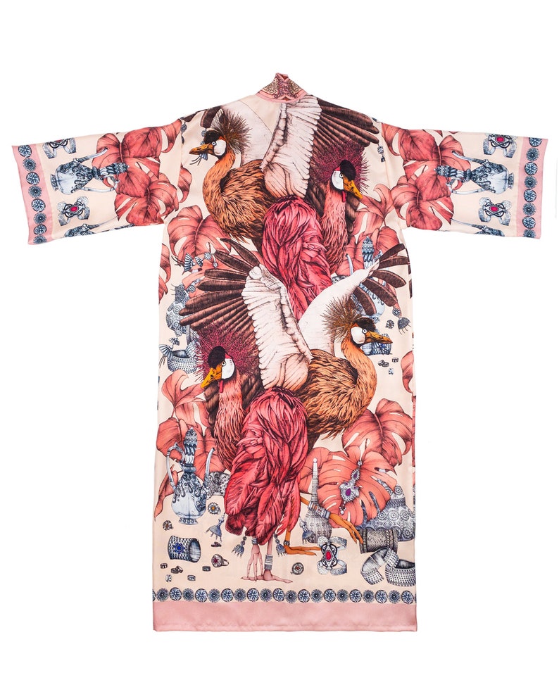 Silk Kimono, Silk Dress, Women Robe, Pure Silk Twill, Handmade Silk Kimono, African Crowned Crane Print, Illustrated by hand, Gift for her image 6